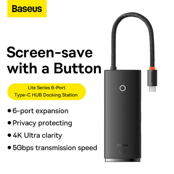 Baseus 6 in 1 Lite / Air Joy Type-C HUB Docking Station (Type-C to HDMI+USB3.0*2+Type-C Data+SD/TF) Black - WKQX050001- 6 Months Warranty - Image 2