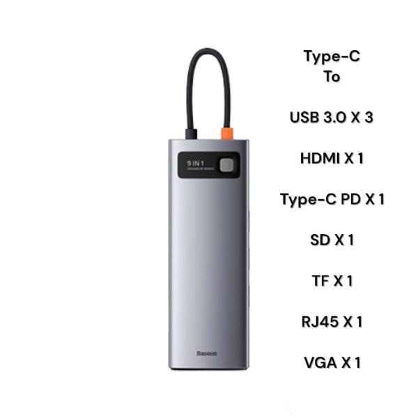 Baseus 9-in-1 Metal Gleam / Star Joy Series  Multifunctional HUB (Type C to USB 3.0*3 / HDMI*1 / VGA*1 /  RJ45 Network 1000MBPS*1 / SD& TF card reader  / Type C PD*1) - CAHUB-CU0G- 6 Months Warranty