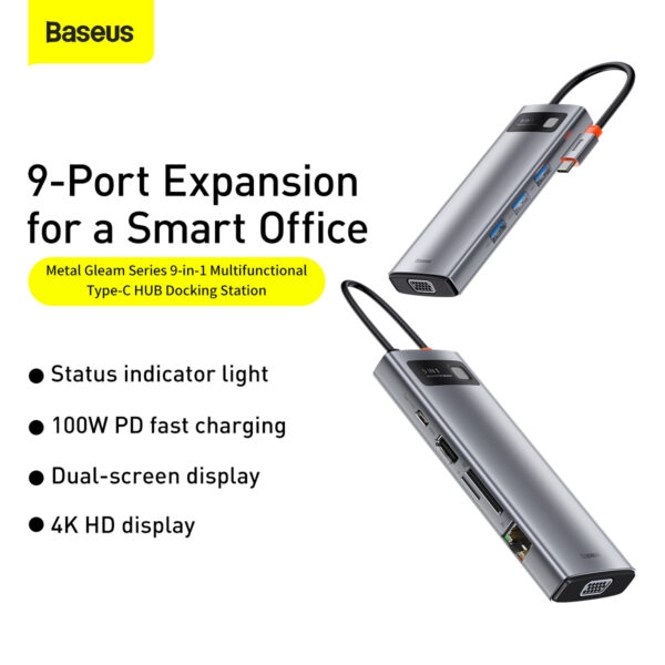 Baseus 9-in-1 Metal Gleam / Star Joy Series  Multifunctional HUB (Type C to USB 3.0*3 / HDMI*1 / VGA*1 /  RJ45 Network 1000MBPS*1 / SD& TF card reader  / Type C PD*1) - CAHUB-CU0G- 6 Months Warranty - Image 2