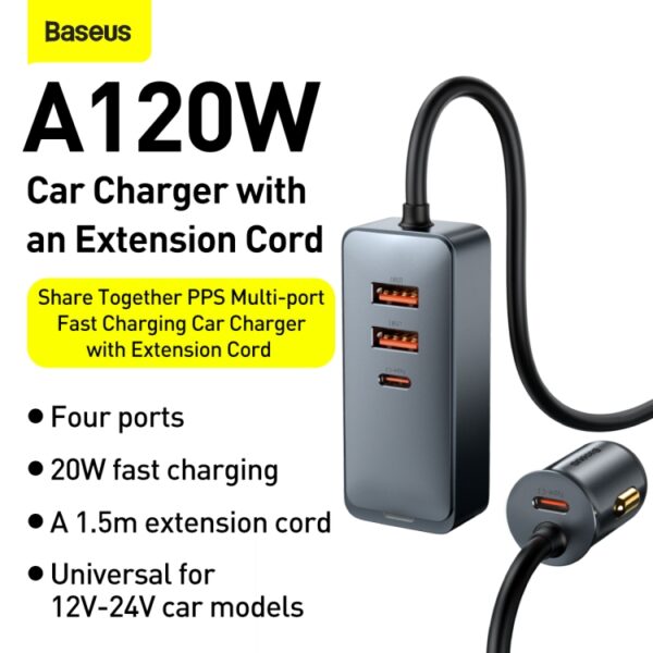 Baseus 120W Share Together  PPS Multi-port Fast Charging Car Charger With Extension Cord  - CCBT-A0G - 6 Months Warranty - Image 3