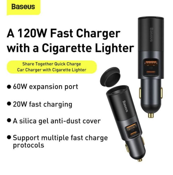 Baseus U+C 120W Share Together Fast Charge Car Charger with Cigarette Lighter Expansion Port Gray- CCBT-C0G- 6 Months Warranty - Image 2