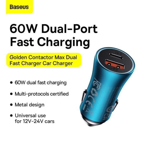 Baseus U+C 60W Golden Contactor Max Dual Fast Charger Car Charger Blue - CGJM000103 - 6 Months Warranty - Image 2