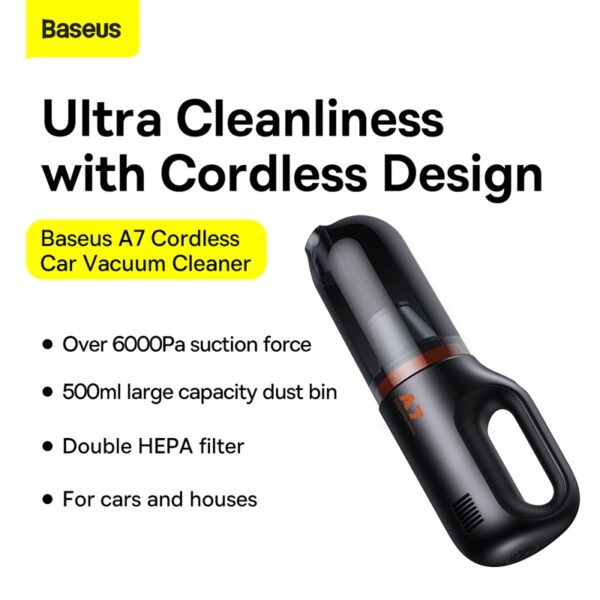 Baseus 6000Pa A7 Cordless Car Vacuum Cleaner Rechargeable Dark Gray - 6M - Image 2