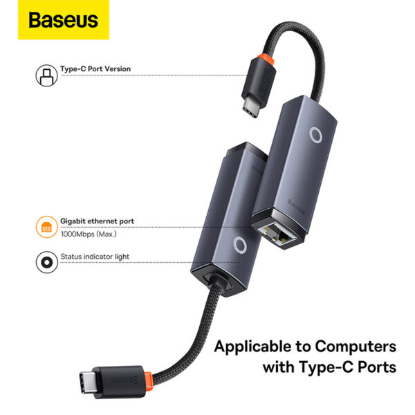 Baseus 1000Mbps Type-C to RJ45 LAN Port Ethernet Gigabit Adapter Lite Series Aluminium Alloy - Image 2