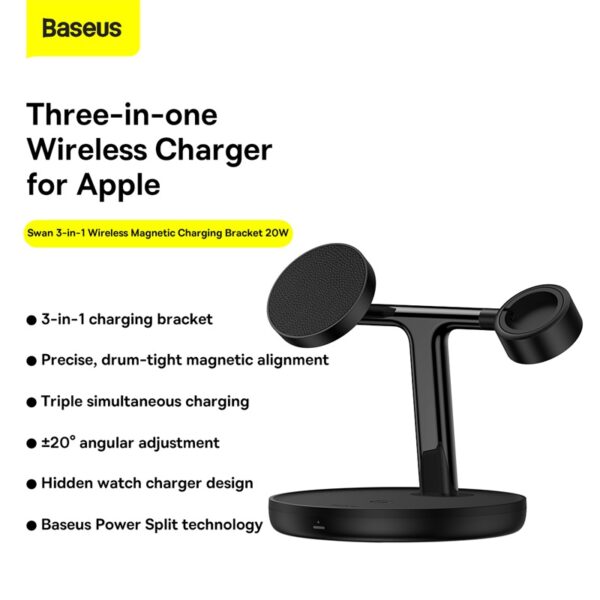 Baseus 20W Swan 3-in-1 Wireless Magnetic Charging Bracket Black- WXTE000101- 6 Months Warranty - Image 4