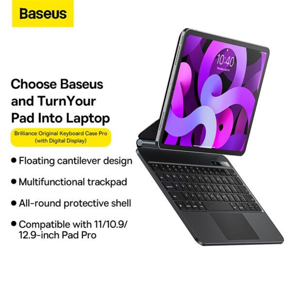 Baseus 11-inch For iPad Pro/ Pad Air4/ Air5/Air6 (2018/2020/2021/2022/2024) Brilliance Series Original Keyboard With Case with Digital Display 2018/2020/2021/2022 Gray - ARJK010016 - 6M - Image 3