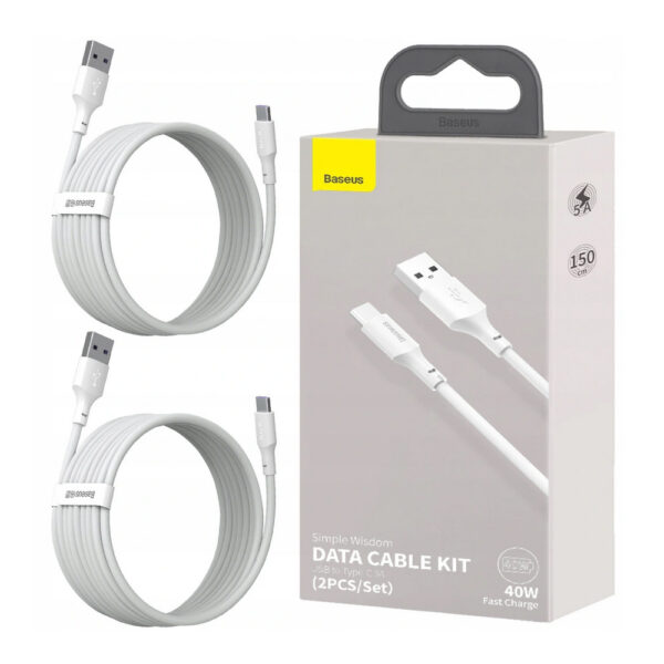 Baseus Type-C 5A (2PCS/Set - 1.5m Simple Wisdom Data Cable Kit USB  White - TZCATZJ-02 - 6 Months Warranty