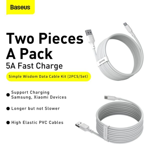 Baseus Type-C 5A (2PCS/Set - 1.5m Simple Wisdom Data Cable Kit USB  White - TZCATZJ-02 - 6 Months Warranty - Image 4