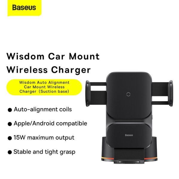 Baseus Wisdom Auto Alignment QI 15W Car Mount Wireless Charger - Suction base - Black - Image 2