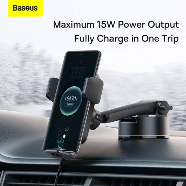 Baseus Wisdom Auto Alignment QI 15W Car Mount Wireless Charger - Suction base - Black - Image 3