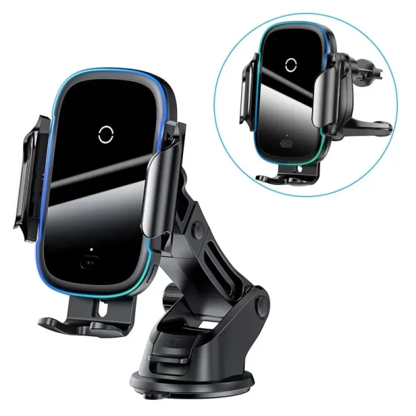 Baseus Light Electric Qi 15W Auto Alignment Wireless Charger 2 in 1 Car Holder  Black - WXHW03-01 - 6 Months Warranty