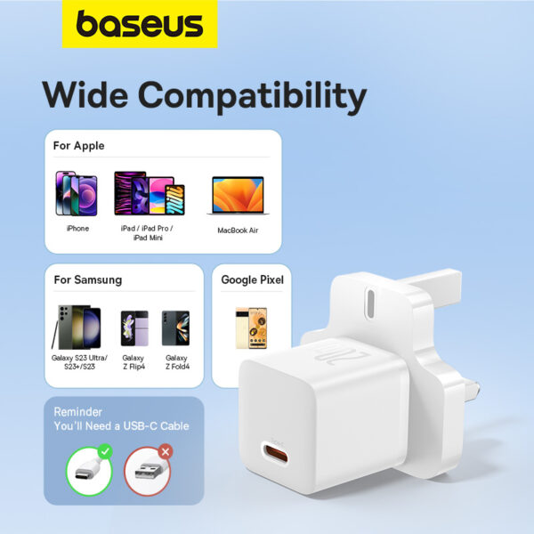 Baseus 20W GaN5 Mini Fast Charger Type-C UK Pin - Moon White - Image 14