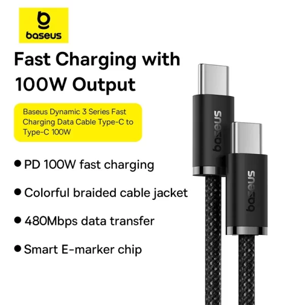 Baseus 2m 100W Type-C to Type-C Dynamic 3 Series Fast Charging Data Cable - Cluster Black - 6M - Image 2