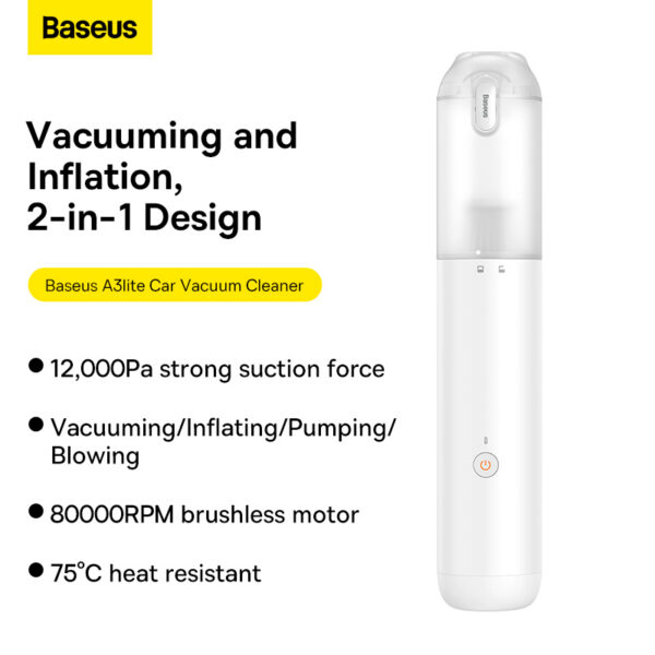 Baseus A3lite 12000pa 100W Car Vacuum Cleaner - White - 6M-baseuscolombo