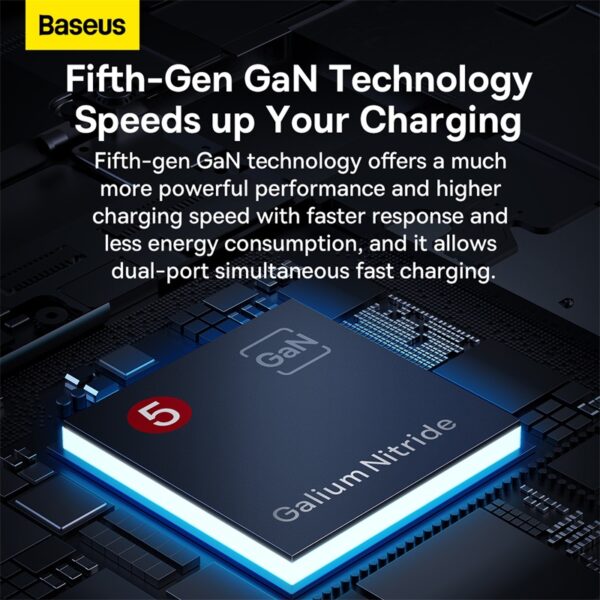 Baseus GaN5 65W Charger USB-A & Type-c  Ports (UK , CN & EU Pin With Type -C to Type C 100W Cable) - Image 2