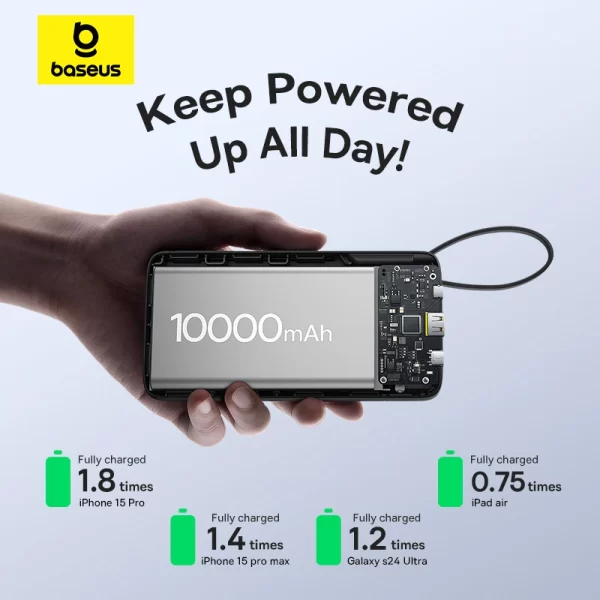 Baseus Bipow 2 Digital Display Power Bank With Built-in USB-C Cable 10000mah 20W Cluster Black Baseuscolombo