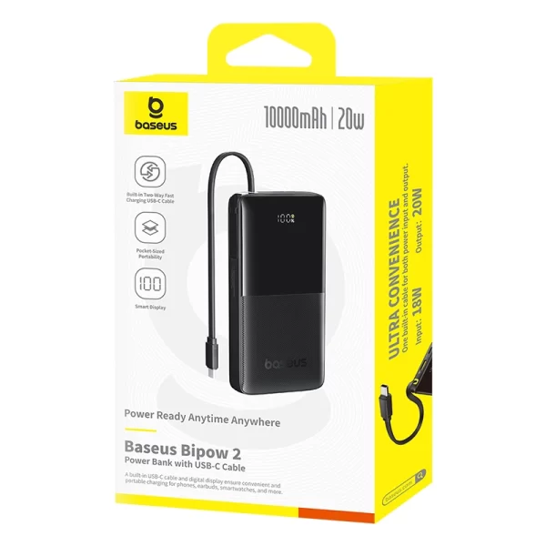 Baseus Bipow 2 Digital Display Power Bank With Built-in USB-C Cable 10000mah 20W Cluster Black Baseuscolombo