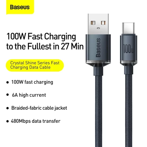 Baseus Crystal Shine Series Fast Charging Data Cable USB to Type-C 100W 1.2m Black Baseuscolombo