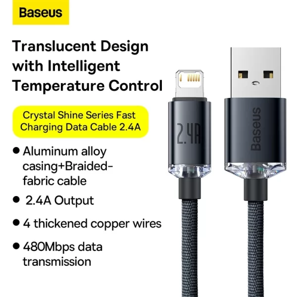 Baseus Crystal Shine Series Fast Charging Data Cable USB to iP 2.4A 2m Black Baseuscolombo