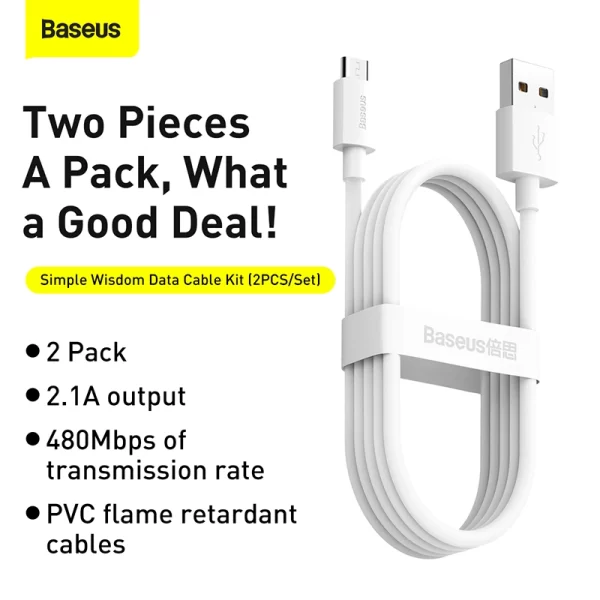 Baseus Simple Wisdom Data Cable Kit USB to Micro 2.1A (2PCSSet）1.5m White Baseuscolombo