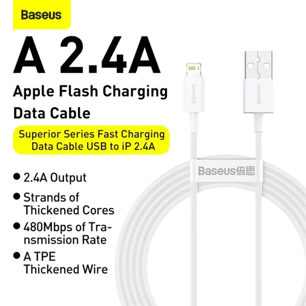 Baseus Superior Series Fast Charging Data Cable USB to iP 2.4A 0.25m White Baseuscolombo