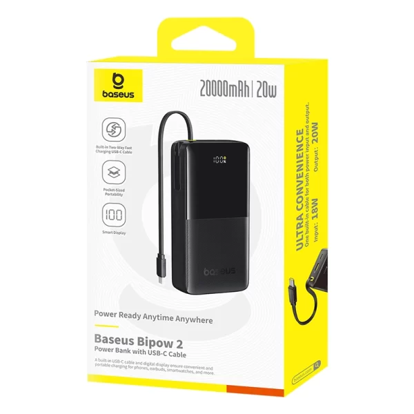 OS-Baseus Bipow 2 Digital Display Power Bank With Built-in USB-C Cable 20000mah 20W Cluster Black Baseuscolombo