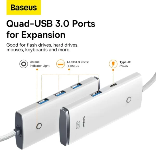 Baseus Lite Series 4-Port USB-A HUB Adapter 25cm White Baseuscolombo