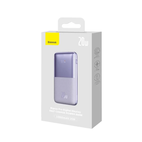 Baseus Bipow Pro Digital Display Fast Charge Power Bank 10000mAh 20W (With Simple Series Charging Cable USB to Type-C 3A 0.3m White) Overseas Edition – Purple – PPBD040205