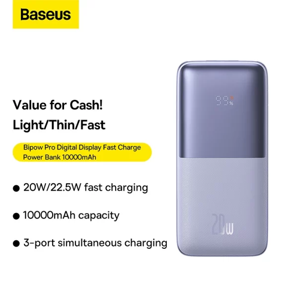 Baseus Bipow Pro Digital Display Fast Charge Power Bank 10000mAh 20W (With Simple Series Charging Cable USB to Type-C 3A 0.3m White) Overseas Edition – Purple – PPBD040205