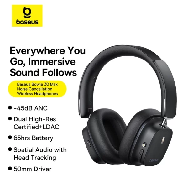 Baseus Bowie 30 Max Noise-Cancellation Wireless Headphones - Cluster Black - A00075500113-00 baseuscolombo