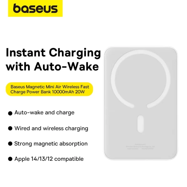 Baseus Magnetic Mini Air Wireless Fast Charge Power Bank 10000mAh 20W  (With Simple Charging Cable Type-C to Type-C (20V3A) 30cm White) - Stellar White - P10059001223-00 Baseuscolombo