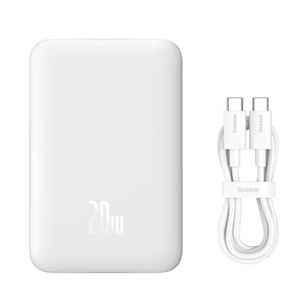 Baseus Magnetic Mini Air Wireless Fast Charge Power Bank 10000mAh 20W  (With Simple Charging Cable Type-C to Type-C (20V3A) 30cm White) - Stellar White - P10059001223-00 Baseuscolombo