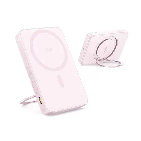 Baseus PicoGo Qi2 5000mAh 20W Magnetic Power Bank with Rotatable Stand (with Simple Series Charging Cable Type-C to Type-C (20V3A) 30cm White) - Baby Pink - P10076800413-00