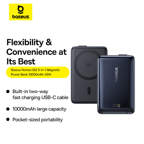 Baseus 10000mah 45W Nomos Qi2 Kickstand Magnetic Power Bank with Built-in USB-C Cable - Image 12