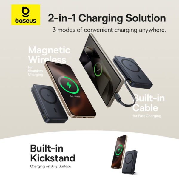Baseus 10000mah 45W Nomos Qi2 Kickstand Magnetic Power Bank with Built-in USB-C Cable - Image 13