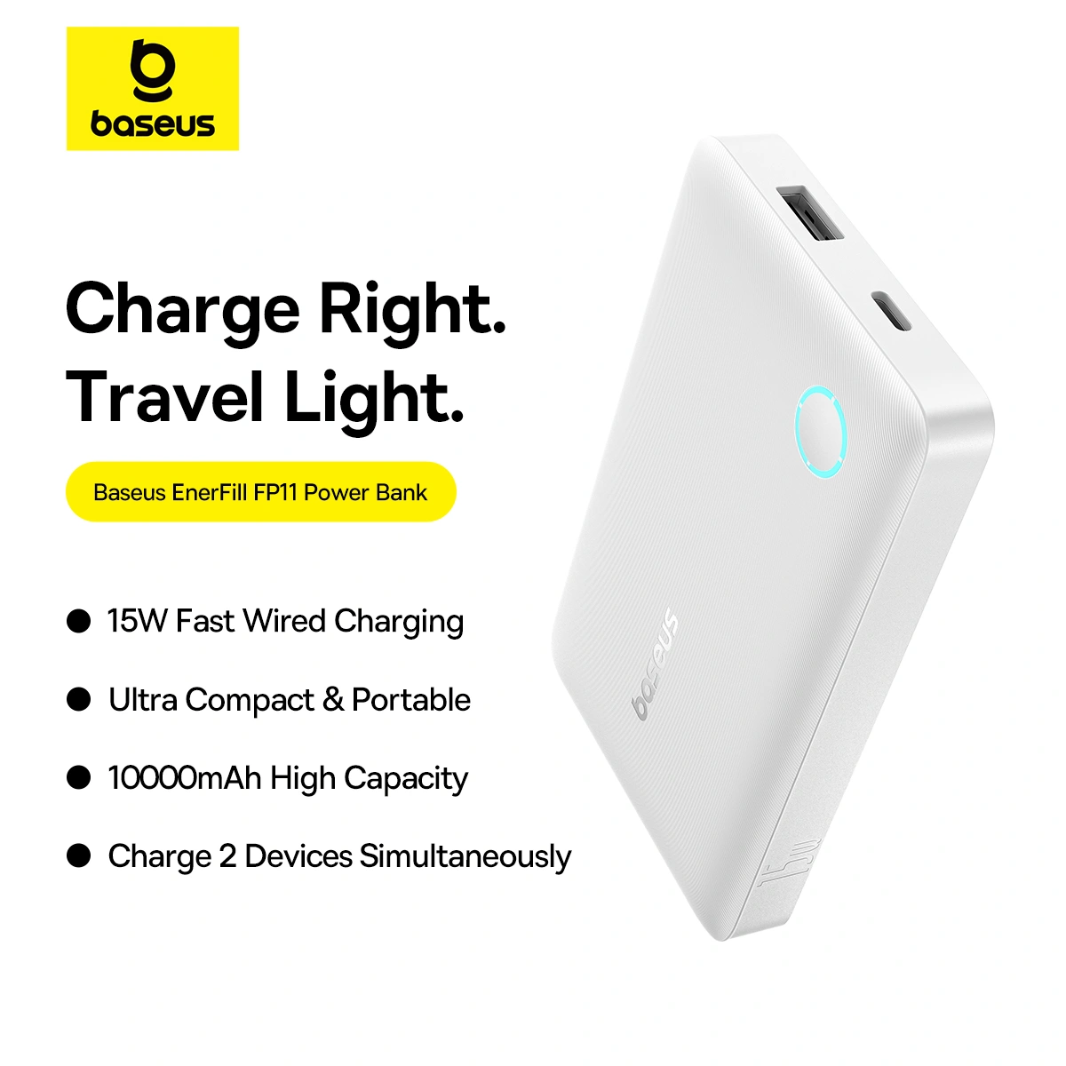 Baseus 10000mAh 15W EnerFill FP11 Fast-Charging Power Bank – (Moon White) - Image 2