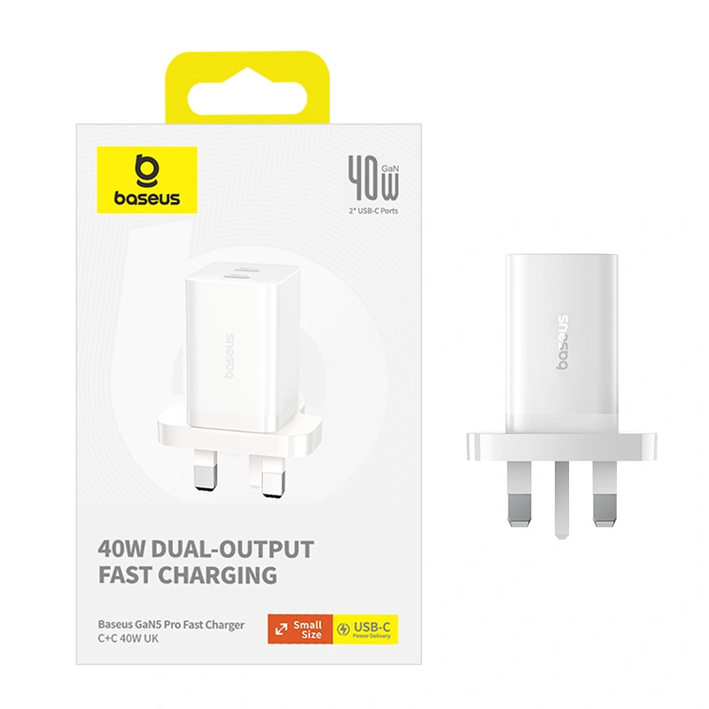 Baseus 40W GaN5 Pro Dual Type-C Fast Charger UK Plug - Moon White - Image 16