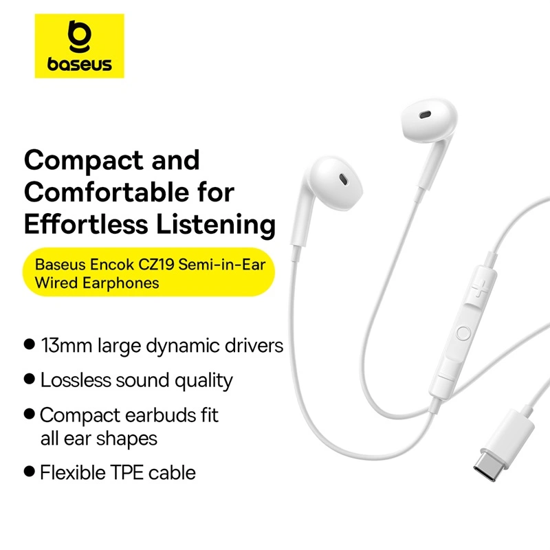 Baseus Encok CZ19 Wired Earphones – Moon White - Image 2